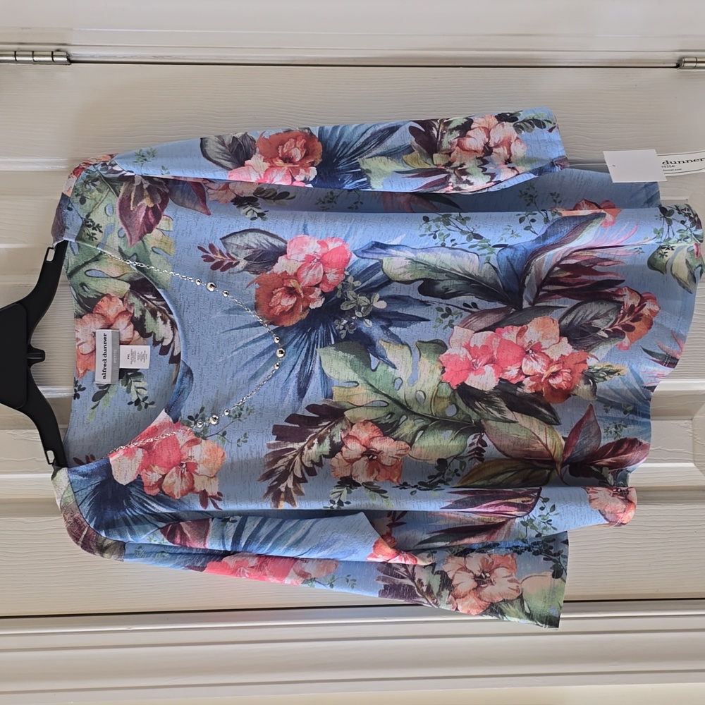 ALFRED DUNNER WOMEN'S PETITE BLUE FLORAL TROPICAL PULLOVER TOP SIZE PXL